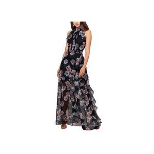Betsy & Adam Petite Floral-Print Chiffon Ruffle Gown